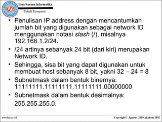 Penulisan IP address dengan mencantumkan jumlah bit yang digunakan sebagai network ID menggunakan notasi  slash  (/), misalnya 192.168.1.2/24. /24 artinya sebanyak 24 bit (dari kiri) merupakan Network ID. Sehingga, sisa bit yang dapat digunakan untuk membuat host sebanyak 8 bit, yakni 32 – 24 = 8 Subnetmask dalam bentuk binernya: 11111111.11111111.11111111.00000000 Subnetmask dalam bentuk desimalnya:  255.255.255.0. 