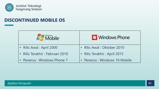 Aplikasi Komputer 45
DISCONTINUED MOBILE OS
• Rilis Awal : April 2000
• Rilis Terakhir : Februari 2010
• Penerus : Windows Phone 7
• Rilis Awal : Oktober 2010
• Rilis Terakhir : April 2015
• Penerus : Windows 10 Mobile
 