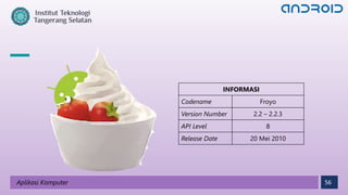 56
Aplikasi Komputer
INFORMASI
Codename Froyo
Version Number 2.2 – 2.2.3
API Level 8
Release Date 20 Mei 2010
 