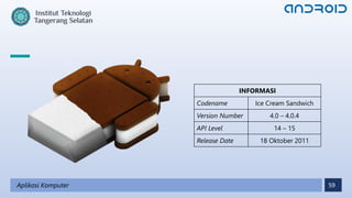 59
Aplikasi Komputer
INFORMASI
Codename Ice Cream Sandwich
Version Number 4.0 – 4.0.4
API Level 14 – 15
Release Date 18 Oktober 2011
 