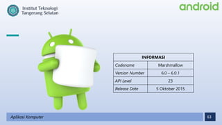 63
Aplikasi Komputer
INFORMASI
Codename Marshmallow
Version Number 6.0 – 6.0.1
API Level 23
Release Date 5 Oktober 2015
 