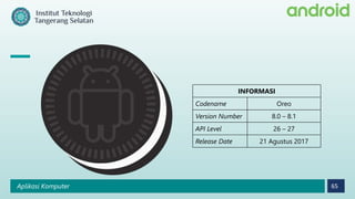 Aplikasi Komputer 65
INFORMASI
Codename Oreo
Version Number 8.0 – 8.1
API Level 26 – 27
Release Date 21 Agustus 2017
 