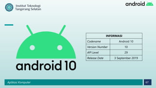 Aplikasi Komputer 67
INFORMASI
Codename Android 10
Version Number 10
API Level 29
Release Date 3 September 2019
 