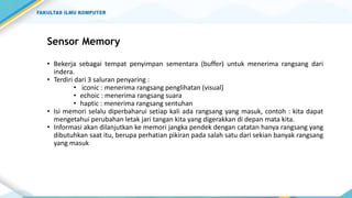 Sensor Memory
• Bekerja sebagai tempat penyimpan sementara (buffer) untuk menerima rangsang dari
indera.
• Terdiri dari 3 saluran penyaring :
• iconic : menerima rangsang penglihatan (visual)
• echoic : menerima rangsang suara
• haptic : menerima rangsang sentuhan
• Isi memori selalu diperbaharui setiap kali ada rangsang yang masuk, contoh : kita dapat
mengetahui perubahan letak jari tangan kita yang digerakkan di depan mata kita.
• Informasi akan dilanjutkan ke memori jangka pendek dengan catatan hanya rangsang yang
dibutuhkan saat itu, berupa perhatian pikiran pada salah satu dari sekian banyak rangsang
yang masuk
 