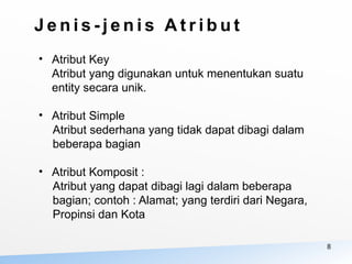 8
• Atribut Key
Atribut yang digunakan untuk menentukan suatu
entity secara unik.
• Atribut Simple
Atribut sederhana yang tidak dapat dibagi dalam
beberapa bagian
• Atribut Komposit :
Atribut yang dapat dibagi lagi dalam beberapa
bagian; contoh : Alamat; yang terdiri dari Negara,
Propinsi dan Kota
J e n i s - j e n i s A t r i b u t
 