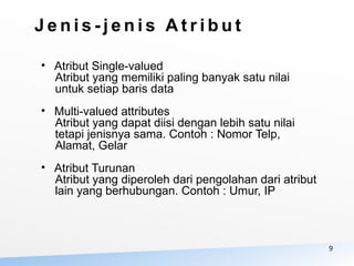 9
• Atribut Single-valued
Atribut yang memiliki paling banyak satu nilai
untuk setiap baris data
• Multi-valued attributes
Atribut yang dapat diisi dengan lebih satu nilai
tetapi jenisnya sama. Contoh : Nomor Telp,
Alamat, Gelar
• Atribut Turunan
Atribut yang diperoleh dari pengolahan dari atribut
lain yang berhubungan. Contoh : Umur, IP
J e n i s - j e n i s A t r i b u t
 