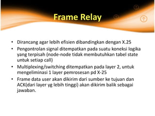 Frame Relay

• Dirancang agar lebih efisien dibandingkan dengan X.25
• Pengontrolan signal ditempatkan pada suatu koneksi logika
  yang terpisah (node-node tidak membutuhkan tabel state
  untuk setiap call)
• Multiplexing/switching ditempatkan pada layer 2, untuk
  mengeliminasi 1 layer pemrosesan pd X-25
• Frame data user akan dikirim dari sumber ke tujuan dan
  ACK(dari layer yg lebih tinggi) akan dikirim balik sebagai
  jawaban.
 