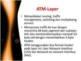 ATM-Layer
• Menyediakan routing, traffic
  management, switching dan multiplexing
  service.
• Memproses traffic ke luar dengan
  menerima 48-byte segment dari sublayer
  AAL dan mentransformasikan menjadi 53-
  byte cell dengan menambahkan 5-byte
  header.
• ATM menggunakan dua format header
  pada layer ini: User Network Interface
  (UNI) dan Network-to-network Interface
  (NNI).
 