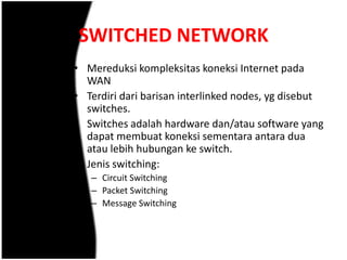 SWITCHED NETWORK
• Mereduksi kompleksitas koneksi Internet pada
  WAN
• Terdiri dari barisan interlinked nodes, yg disebut
  switches.
• Switches adalah hardware dan/atau software yang
  dapat membuat koneksi sementara antara dua
  atau lebih hubungan ke switch.
• Jenis switching:
   – Circuit Switching
   – Packet Switching
   – Message Switching
 