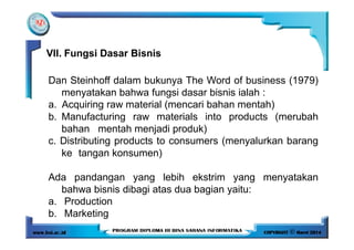 Dan Steinhoff dalam bukunya The Word of business (1979)
menyatakan bahwa fungsi dasar bisnis ialah :
a. Acquiring raw material (mencari bahan mentah)
b. Manufacturing raw materials into products (merubah
bahan mentah menjadi produk)
VII. Fungsi Dasar Bisnis
bahan mentah menjadi produk)
c. Distributing products to consumers (menyalurkan barang
ke tangan konsumen)
Ada pandangan yang lebih ekstrim yang menyatakan
bahwa bisnis dibagi atas dua bagian yaitu:
a. Production
b. Marketing
 
