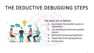 21
THE DEDUCTIVE DEBUGGING STEPS
The steps are as follows:
1. Enumerate the possible causes or
hypotheses.
2. Use the data to eliminate possible
causes.
3. Reﬁne the remaining hypothesis.
4. Prove the remaining hypothesis.
5. Fix the error.
 