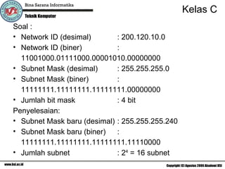 Soal : Network ID (desimal) : 200.120.10.0 Network ID (biner) : 11001000.01111000.00001010.00000000 Subnet Mask (desimal) : 255.255.255.0 Subnet Mask (biner) : 11111111.11111111.11111111.00000000 Jumlah bit mask : 4 bit Penyelesaian: Subnet Mask baru (desimal) : 255.255.255.240 Subnet Mask baru (biner) :  11111111.11111111.11111111.11110000 Jumlah subnet : 2 4  = 16 subnet Kelas C 