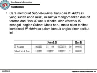 Cara membuat  Subnet - Subnet  baru dari  IP Address  yang sudah anda miliki, misalnya mengorbankan dua bit teratas dari  Host ID  untuk dipakai oleh  Network ID  sebagai  bagian Subnet Mask baru, maka akan terlihat kombinasi  IP Address  dalam bentuk angka biner berikut ini : 