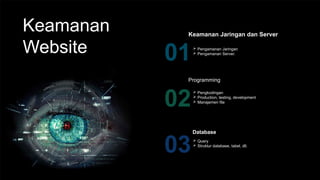 Keamanan
Website 01
Keamanan Jaringan dan Server
 Pengamanan Jaringan
 Pengamanan Server.
02
Programming
 Pengkodingan
 Production, testing, development
 Manajemen file
03
Database
 Query
 Struktur database, tabel, dll.
 
