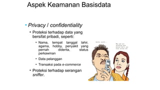 Aspek Keamanan Basisdata
• Privacy / confidentiality
• Proteksi terhadap data yang
bersifat pribadi, seperti:
• Nama, tempat tanggal lahir,
agama, hobby, penyakit yang
pernah diderita, status
perkawinan
• Data pelanggan
• Transaksi pada e-commerce
• Proteksi terhadap serangan
sniffer.
 