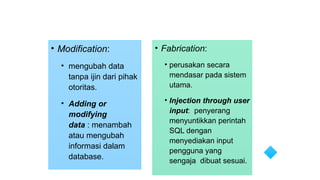 • Modification:
• mengubah data
tanpa ijin dari pihak
otoritas.
• Adding or
modifying
data : menambah
atau mengubah
informasi dalam
database.
• Fabrication:
• perusakan secara
mendasar pada sistem
utama.
• Injection through user
input: penyerang
menyuntikkan perintah
SQL dengan
menyediakan input
pengguna yang
sengaja dibuat sesuai.
 