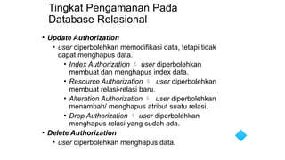 Tingkat Pengamanan Pada
Database Relasional
• Update Authorization
• user diperbolehkan memodifikasi data, tetapi tidak
dapat menghapus data.
• Index Authorization  user diperbolehkan
membuat dan menghapus index data.
• Resource Authorization  user diperbolehkan
membuat relasi-relasi baru.
• Alteration Authorization  user diperbolehkan
menambah/ menghapus atribut suatu relasi.
• Drop Authorization  user diperbolehkan
menghapus relasi yang sudah ada.
• Delete Authorization
• user diperbolehkan menghapus data.
 