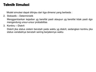 Teknik Simulasi
   Model simulasi dapat ditinjau dari tiga dimensi yang berbeda :
2. Stokastik – Deterministik
   Menggambarkan kejadian yg bersifat pasti ataupun yg bersifat tidak pasti dgn
   mengandung unsur-unsur probabilitas
3. Kontinu – Diskrit
   Diskrit jika status sistem berubah pada waktu yg diskrit, sedangkan kontinu jika
   status variabelnya berubah seiring berjalannya waktu
 