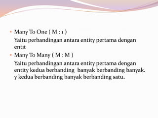 Many To One ( M : 1 )
  Yaitu perbandingan antara entity pertama dengan
  entit
 Many To Many ( M : M )
  Yaitu perbandingan antara entity pertama dengan
  entity kedua berbanding banyak berbanding banyak.
  y kedua berbanding banyak berbanding satu.
 
