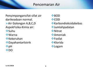 Pencemaran Air
Penyimpangansifat-sifat air
darikeadaan normal.
Air Golongan A,B,C,D
AspekFisika-Kimia air:
Suhu
Warna
Kekeruhan
Dayahantarlistrik
pH
DO
BOD
COD
Karbondioksidabebas
Jumlahpadatan
Nitrat
Amoniak
Fosfat
Klorida
Logam
1/15/2018 5
 