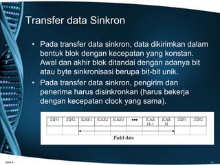 Transfer data Sinkron
• Pada transfer data sinkron, data dikirimkan dalam
bentuk blok dengan kecepatan yang konstan.
Awal dan akhir blok ditandai dengan adanya bit
atau byte sinkronisasi berupa bit-bit unik.
• Pada transfer data sinkron, pengirim dan
penerima harus disinkronkan (harus bekerja
dengan kecepatan clock yang sama).
slide 4 11
 