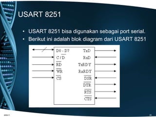 USART 8251
• USART 8251 bisa digunakan sebagai port serial.
• Berikut ini adalah blok diagram dari USART 8251
slide 4 26
 