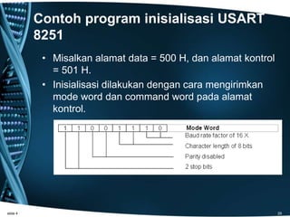 Contoh program inisialisasi USART
8251
• Misalkan alamat data = 500 H, dan alamat kontrol
= 501 H.
• Inisialisasi dilakukan dengan cara mengirimkan
mode word dan command word pada alamat
kontrol.
slide 4 29
 