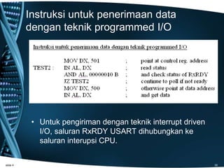 Instruksi untuk penerimaan data
dengan teknik programmed I/O
• Untuk pengiriman dengan teknik interrupt driven
I/O, saluran RxRDY USART dihubungkan ke
saluran interupsi CPU.
slide 4 35
 