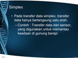 Simplex
• Pada transfer data simplex, transfer
data hanya berlangsung satu arah.
–Contoh : Transfer data dari sensor,
yang digunakan untuk memantau
keadaan di gunung berapi
slide 4 5
 