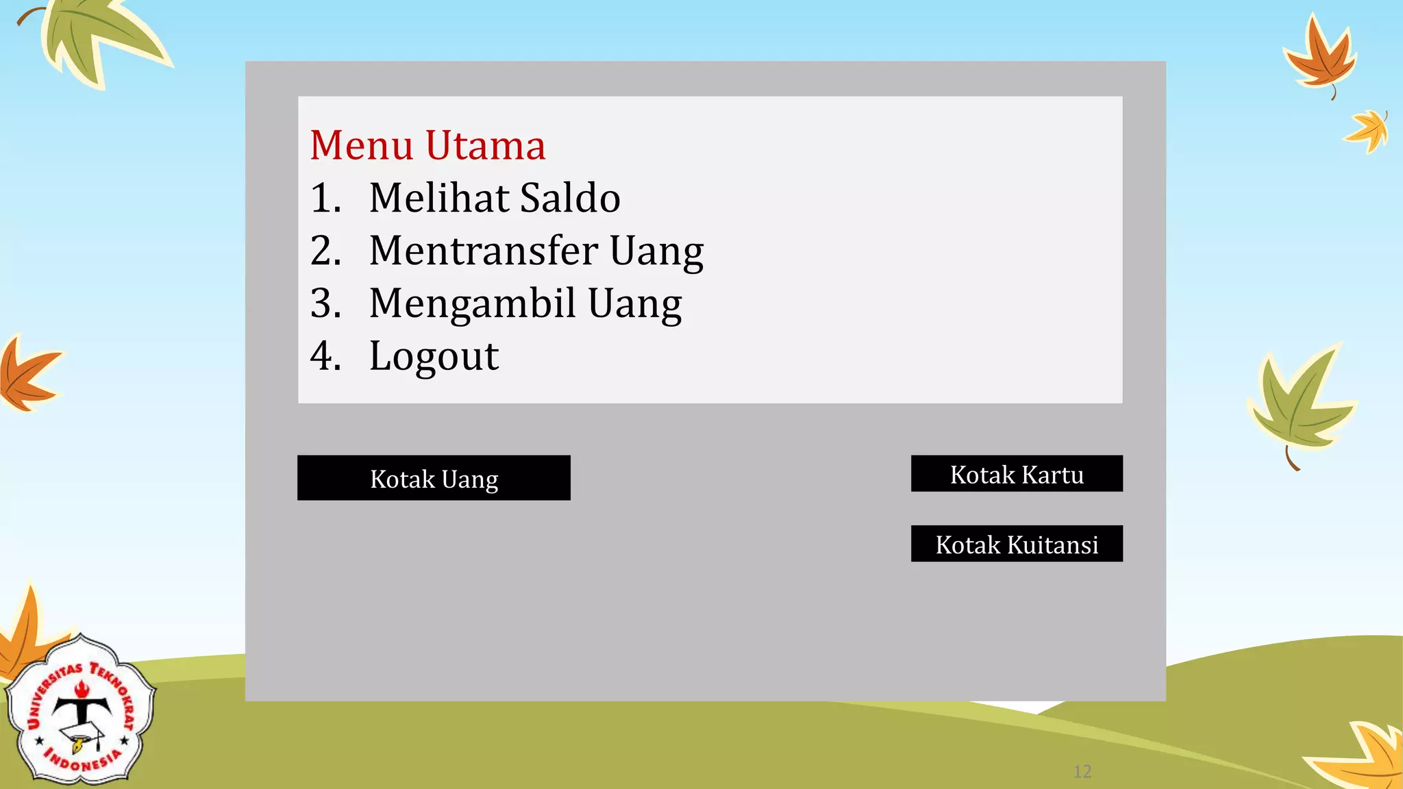 Menu Utama
1. Melihat Saldo
2. Mentransfer Uang
3. Mengambil Uang
4. Logout
Kotak Uang Kotak Kartu
Kotak Kuitansi
12
 