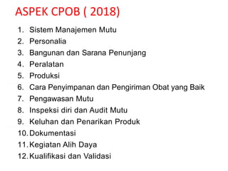 ASPEK CPOB ( 2018)
1. Sistem Manajemen Mutu
2. Personalia
3. Bangunan dan Sarana Penunjang
4. Peralatan
5. Produksi
6. Cara Penyimpanan dan Pengiriman Obat yang Baik
7. Pengawasan Mutu
8. Inspeksi diri dan Audit Mutu
9. Keluhan dan Penarikan Produk
10.Dokumentasi
11.Kegiatan Alih Daya
12.Kualifikasi dan Validasi
 