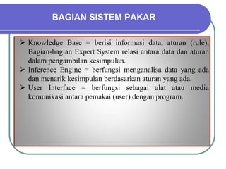 BAGIAN SISTEM PAKAR
 Knowledge Base = berisi informasi data, aturan (rule),
Bagian-bagian Expert System relasi antara data dan aturan
dalam pengambilan kesimpulan.
 Inference Engine = berfungsi menganalisa data yang ada
dan menarik kesimpulan berdasarkan aturan yang ada.
 User Interface = berfungsi sebagai alat atau media
komunikasi antara pemakai (user) dengan program.
 