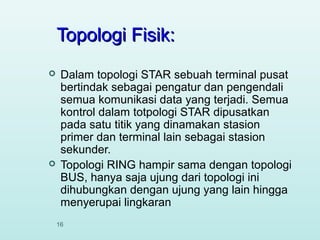 Topologi Fisik:




Dalam topologi STAR sebuah terminal pusat
bertindak sebagai pengatur dan pengendali
semua komunikasi data yang terjadi. Semua
kontrol dalam totpologi STAR dipusatkan
pada satu titik yang dinamakan stasion
primer dan terminal lain sebagai stasion
sekunder.
Topologi RING hampir sama dengan topologi
BUS, hanya saja ujung dari topologi ini
dihubungkan dengan ujung yang lain hingga
menyerupai lingkaran
16

 