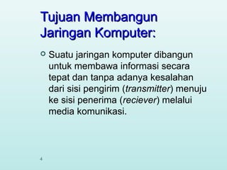 Tujuan Membangun
Jaringan Komputer:


4

Suatu jaringan komputer dibangun
untuk membawa informasi secara
tepat dan tanpa adanya kesalahan
dari sisi pengirim (transmitter) menuju
ke sisi penerima (reciever) melalui
media komunikasi.

 