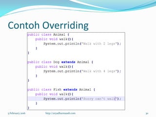 Contoh Overriding
5 February 2016 http://aryadharmaadi.com 30
 