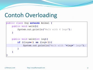 Contoh Overloading
5 February 2016 http://aryadharmaadi.com 31
 