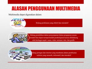 ALASAN PENGGUNAAN MULTIMEDIA
Bidang periklanan yang efektif dan interaktif
Bidang pendidikan dalam penyampaian bahan pengajaran secara
interaktif dan dapat mempermudah pembelajaran karena dididukung
oleh berbagai aspek: suara, video, animasi, teks, dan grafik
Bidang jaringan dan internet yang membantu dalam pembuatan
website yang menarik, informatif, dan interaktif
Multimedia dapat digunakan dalam:
 