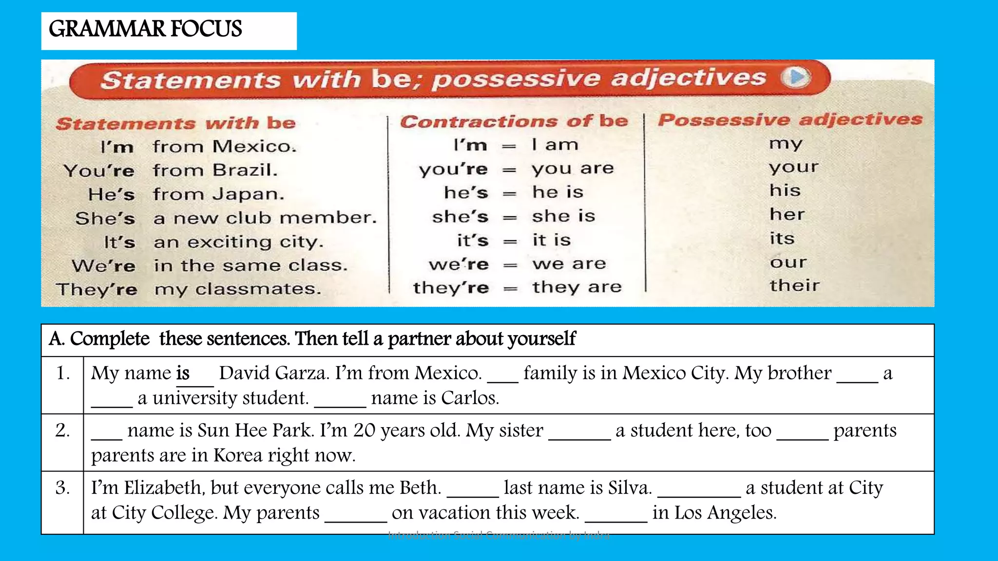 GRAMMAR FOCUS
A. Complete these sentences. Then tell a partner about yourself
1. My name is David Garza. I’m from Mexico. ___ family is in Mexico City. My brother ____ a
____ a university student. _____ name is Carlos.
2. ___ name is Sun Hee Park. I’m 20 years old. My sister ______ a student here, too _____ parents
parents are in Korea right now.
3. I’m Elizabeth, but everyone calls me Beth. _____ last name is Silva. ________ a student at City
at City College. My parents ______ on vacation this week. ______ in Los Angeles.
Introduction Social Communication by Indra
 