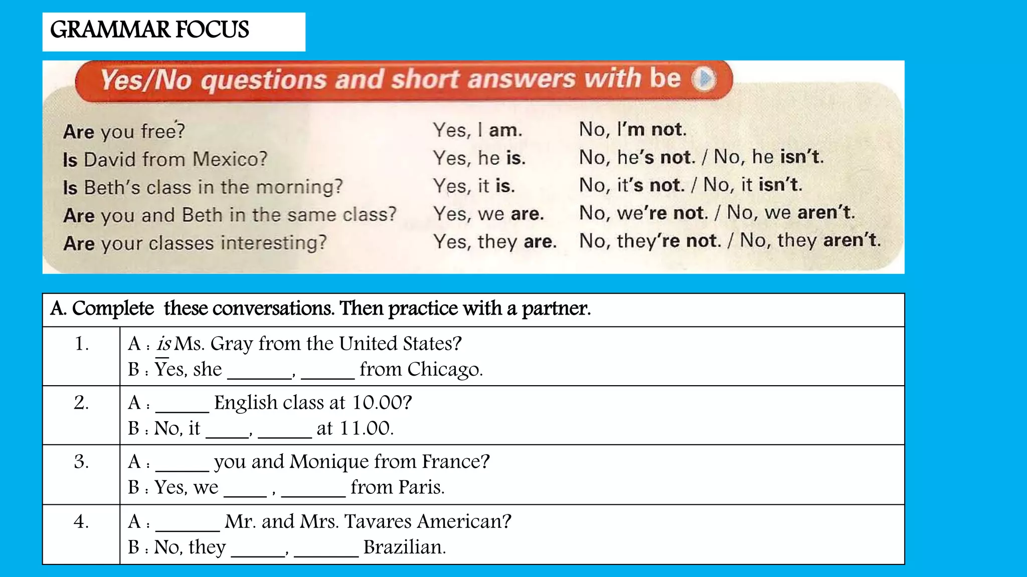 GRAMMAR FOCUS
A. Complete these conversations. Then practice with a partner.
1. A : is Ms. Gray from the United States?
B : Yes, she ______, _____ from Chicago.
2. A : _____ English class at 10.00?
B : No, it ____, _____ at 11.00.
3. A : _____ you and Monique from France?
B : Yes, we ____ , ______ from Paris.
4. A : ______ Mr. and Mrs. Tavares American?
B : No, they _____, ______ Brazilian.
 