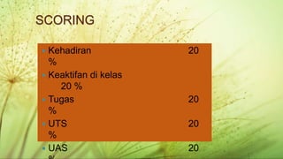 BUSINESS ENGLISH
Administrasi Perpajakan (2019)
 Kehadiran 20
%
 Keaktifan di kelas
20 %
 Tugas 20
%
 UTS 20
%
 UAS 20
SCORING
 