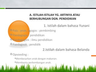 A. ISTILAH-ISTILAH YG. ARTINYA ATAU
BERHUBUNGAN DGN. PENDIDIKAN
1. Istilah dalam bahasa Yunani
Pais : anak, agogos : pembimbing
Paedagogie : pendidikan
Paedagogiek : ilmu pendidikan
Paedagook : pendidik
2.Istilah dalam bahasa Belanda
Opvoeding :
Membesarkan anak dengan makanan.
Membantu perkembangan anak.
 