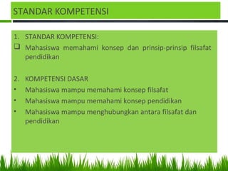 STANDAR KOMPETENSI
1. STANDAR KOMPETENSI:
 Mahasiswa memahami konsep dan prinsip-prinsip filsafat
pendidikan
2. KOMPETENSI DASAR
• Mahasiswa mampu memahami konsep filsafat
• Mahasiswa mampu memahami konsep pendidikan
• Mahasiswa mampu menghubungkan antara filsafat dan
pendidikan
 