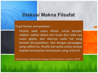 Fuad Hassan menyatakan:
Filsafat ialah suatu ikhtiar untuk berpikir
radikal; radikal dalam arti mulai dari radix-nya
suatu gejala, dari akarnya suatu hal yang
hendak dimasalahkan. Dan dengan penjajagan
yang radikal itu, filsafat berusaha untuk sampai
kepada kesimpulan-kesimpulan yang universil
[Fuad Hassan, Berkenalan dengan Existensialisme, Jakarta, 1973]
Diskusi Makna Filsafat
 