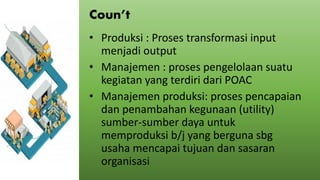 Coun’t
• Produksi : Proses transformasi input
menjadi output
• Manajemen : proses pengelolaan suatu
kegiatan yang terdiri ...