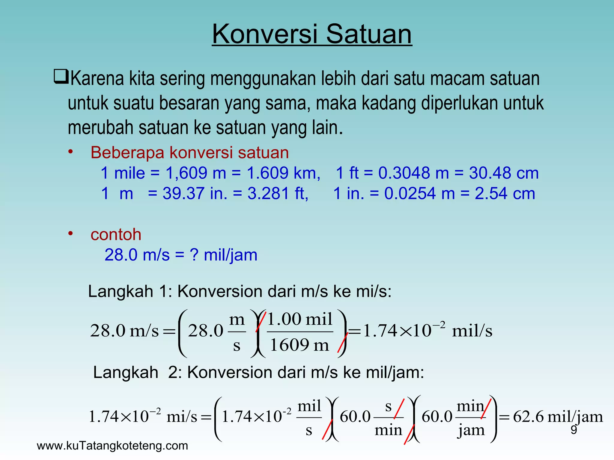 Konversi Satuan www.kuTatangkoteteng.com Beberapa konversi satuan   1 mile = 1,609 m = 1.609 km,  1 ft = 0.3048 m = 30.48 cm 1  m  = 39.37 in. = 3.281 ft,  1 in. = 0.0254 m = 2.54 cm contoh   28.0 m/s = ? mil/jam Langkah 1: Konversion dari m/s ke mi/s: Langkah  2: Konversion dari m/s ke mil/jam: Karena kita sering menggunakan lebih dari satu macam satuan untuk suatu besaran yang sama, maka kadang diperlukan untuk merubah satuan ke satuan yang lain . 
