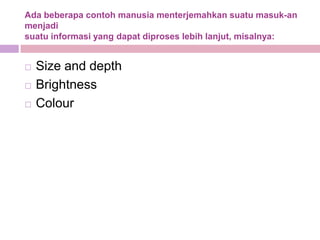 Ada beberapa contoh manusia menterjemahkan suatu masuk-an
menjadi
suatu informasi yang dapat diproses lebih lanjut, misalnya:


   Size and depth
   Brightness
   Colour
 