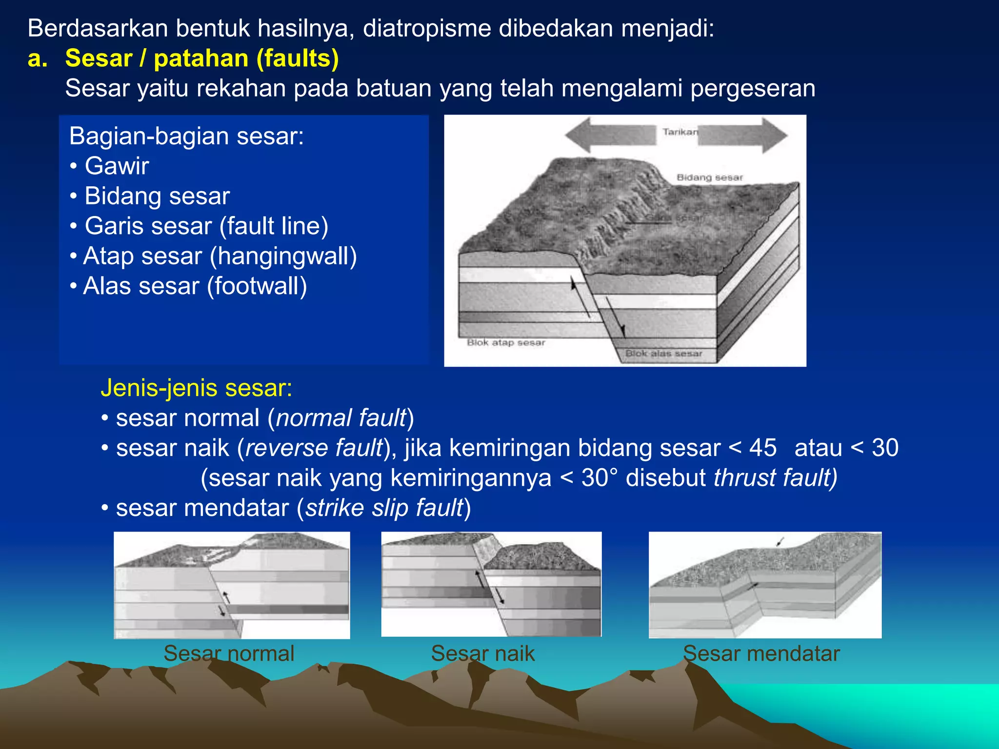 Berdasarkan bentuk hasilnya, diatropisme dibedakan menjadi:
a. Sesar / patahan (faults)
Sesar yaitu rekahan pada batuan yang telah mengalami pergeseran
Bagian-bagian sesar:
• Gawir
• Bidang sesar
• Garis sesar (fault line)
• Atap sesar (hangingwall)
• Alas sesar (footwall)
Jenis-jenis sesar:
• sesar normal (normal fault)
• sesar naik (reverse fault), jika kemiringan bidang sesar < 45 atau < 30
(sesar naik yang kemiringannya < 30° disebut thrust fault)
• sesar mendatar (strike slip fault)
Sesar normal Sesar naik Sesar mendatar
 