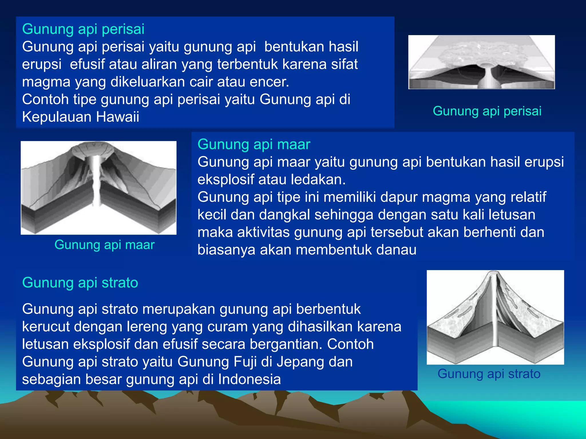 Gunung api perisai
Gunung api perisai yaitu gunung api bentukan hasil
erupsi efusif atau aliran yang terbentuk karena sifat
magma yang dikeluarkan cair atau encer.
Contoh tipe gunung api perisai yaitu Gunung api di
Kepulauan Hawaii
Gunung api maar
Gunung api maar yaitu gunung api bentukan hasil erupsi
eksplosif atau ledakan.
Gunung api tipe ini memiliki dapur magma yang relatif
kecil dan dangkal sehingga dengan satu kali letusan
maka aktivitas gunung api tersebut akan berhenti dan
biasanya akan membentuk danau
Gunung api perisai
Gunung api maar
Gunung api strato
Gunung api strato merupakan gunung api berbentuk
kerucut dengan lereng yang curam yang dihasilkan karena
letusan eksplosif dan efusif secara bergantian. Contoh
Gunung api strato yaitu Gunung Fuji di Jepang dan
sebagian besar gunung api di Indonesia Gunung api strato
 