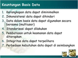 Keuntungan Basis Data
1. Kerangkapan data dapat diminimalkan
2. Inkonsistensi data dapat dihindari
3. Data dalam basis data dapat digunakan secara
bersama (multiuser)
4. Standarisasi dapat dilakukan
5. Pembatasan untuk keamanan data dapat
diterapkan
6. Integritas data dapat terpelihara
7. Perbedaan kebutuhan data dapat di seimbangkan
 