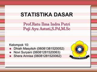 STATISTIKA DASAR
Prof.Ratu Ilma Indra Putri
Puji Ayu Astuti,S.Pd,M.Sc
Kelompok 10:
 Dhiah Masyitoh (06081381520052)
 Novi Suryani (06081281520063)
 Shera Annisa (06081281520062)
 